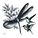 feather, dragonfly, hummingbirds  tattoo design idea