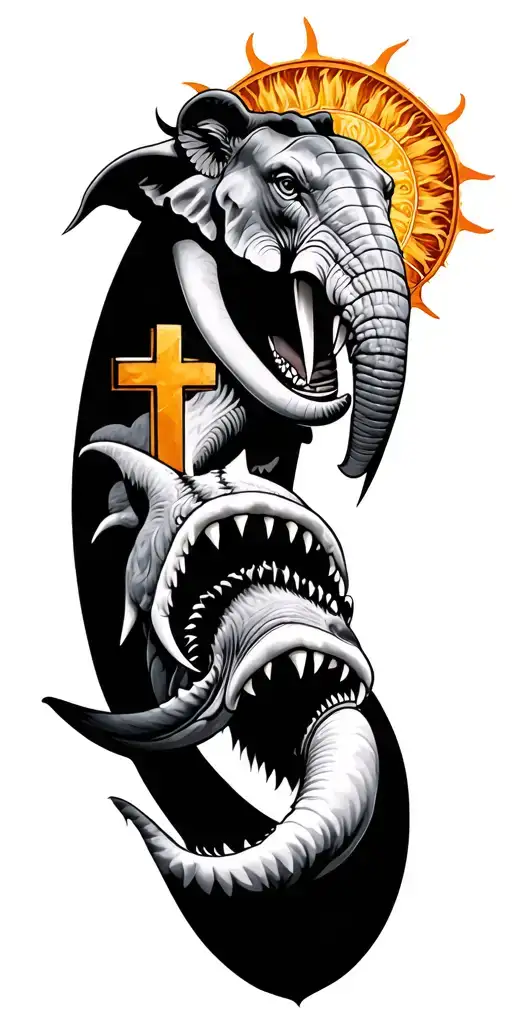 polonesian tattoo design featuring water turtels elephants shark teeth and a sun and cross turned into a lion tattoo design idea