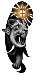 polonesian tattoo design featuring water turtels elephants shark teeth and a sun and cross turned into a lion tattoo design idea