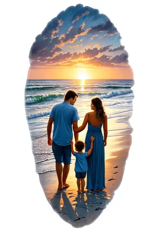 "Lights Will Guide You Home" Family father, daughter and wife on the beach in a late afternoon with a headlight in the background tattoo design idea