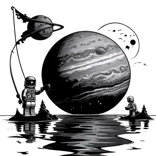 Jupiter is floating in a lake with a sunset background. A lego firefighter and astronaut are fishing on jupiter. tattoo design idea