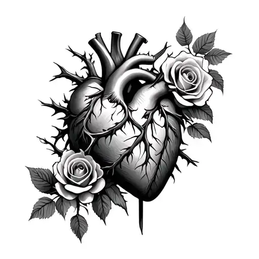 Human heart guarded by thorns and roses wrapped tattoo design idea