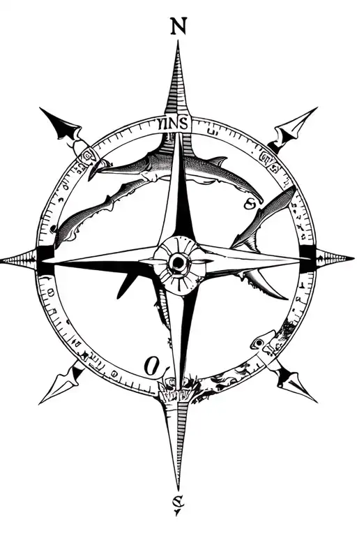 compass underwater with sharks and skulls surrounded tattoo design idea
