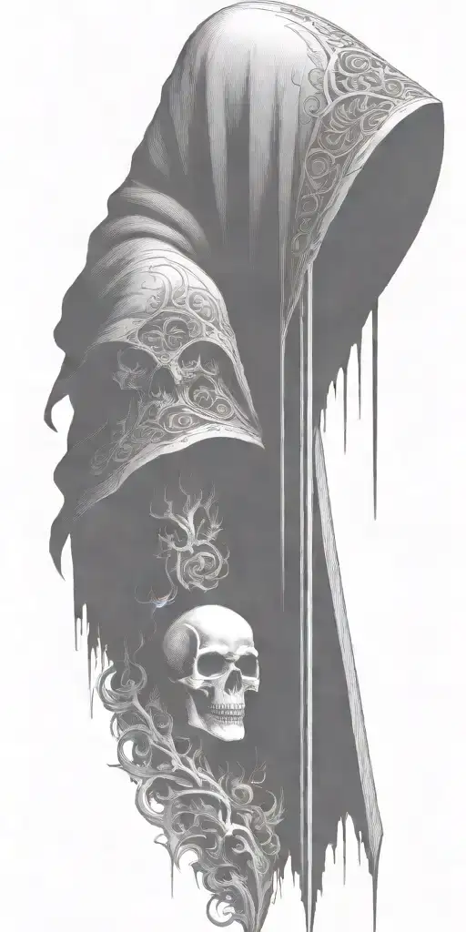 hooded reaper silohuette, smoke, fire, scary, bat wings tattoo design idea