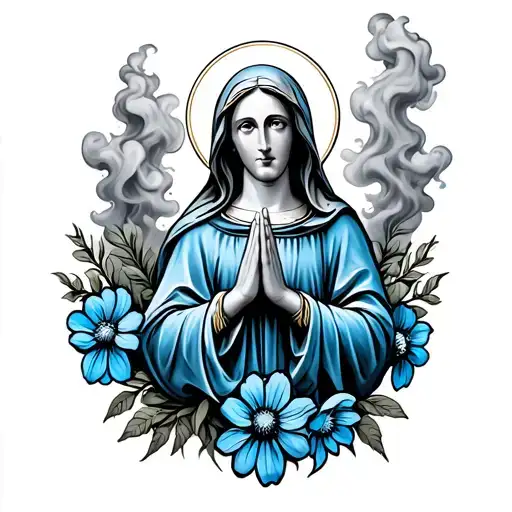 saint Mary surrounded by negative smoke, praying hands under with blue bonnet flowers around it  tattoo design idea