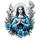saint Mary surrounded by negative smoke, praying hands under with blue bonnet flowers around it  tattoo design idea