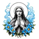 saint Mary surrounded by negative smoke, praying hands under with blue bonnet flowers around it  tattoo design idea
