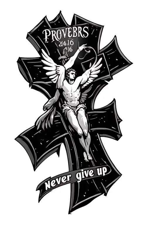 Put “Proverbs 24:16” inside a cross and then under put “Never give up” tattoo design idea