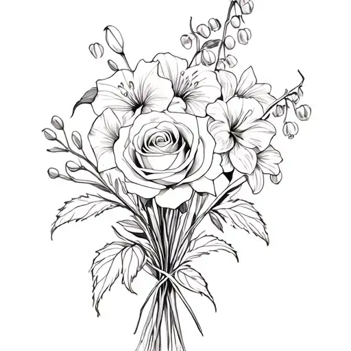 bouquet with roses and lillies of the valley and narcissus tattoo design idea