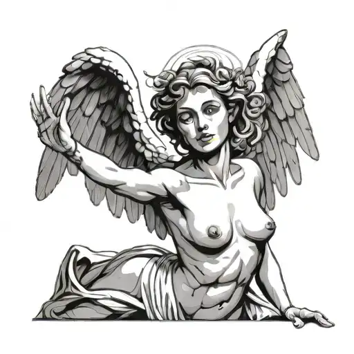 Nude female angel reaching down with one arm the other raised to god tattoo design idea