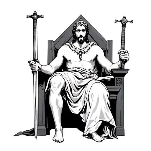 Damocles sitting on a throne with the sword dangling on a string above him done in line work  tattoo design idea