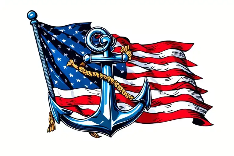 Navy Anchor combined with American flag waving tattoo design idea
