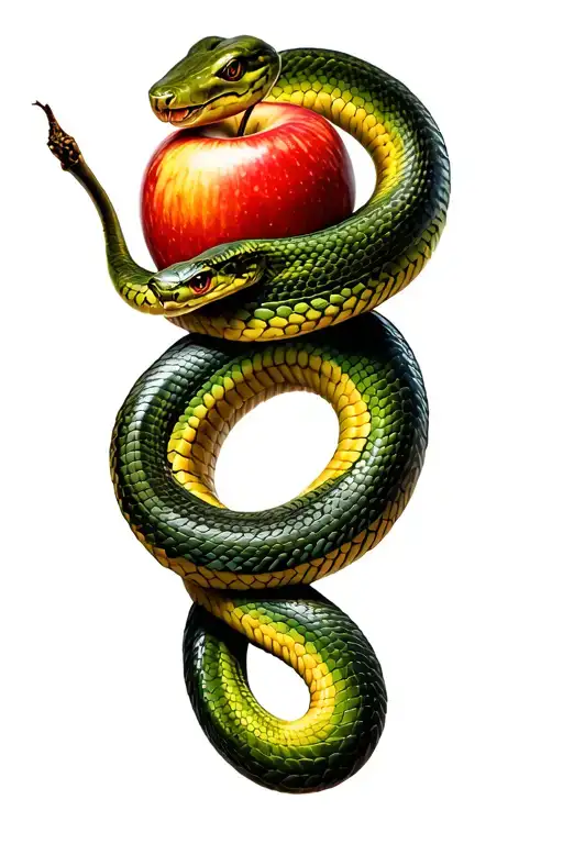 snake wrapped around tree trunk handing over an apple with its tail tattoo design idea