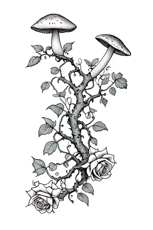 climbing vine wrapping with petite roses growing, mandrake, magic mushrooms tattoo design idea