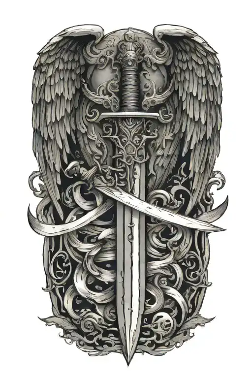 a think simple longsword with one side wing tattoo design idea