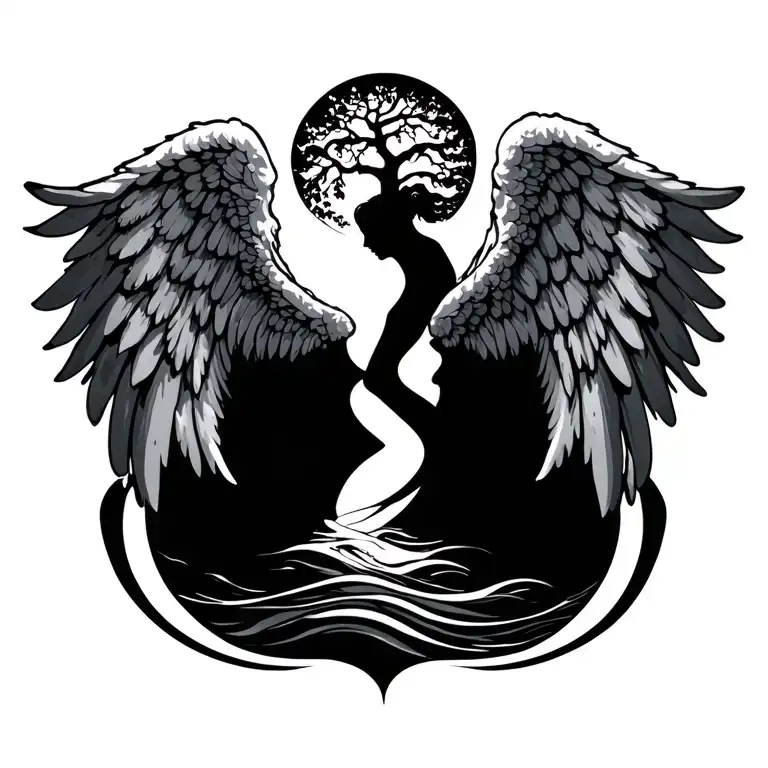 angel wings with silouete, tree of life and abstract wave  tattoo design idea