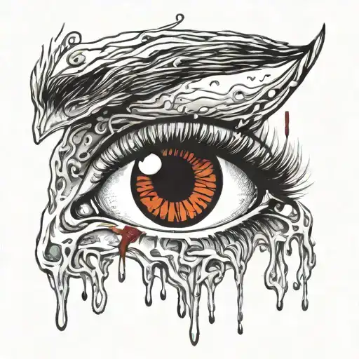 Realistic human eye crying blood and melting tattoo design idea