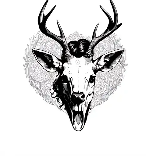 sexy woman with deer skull head tattoo design idea