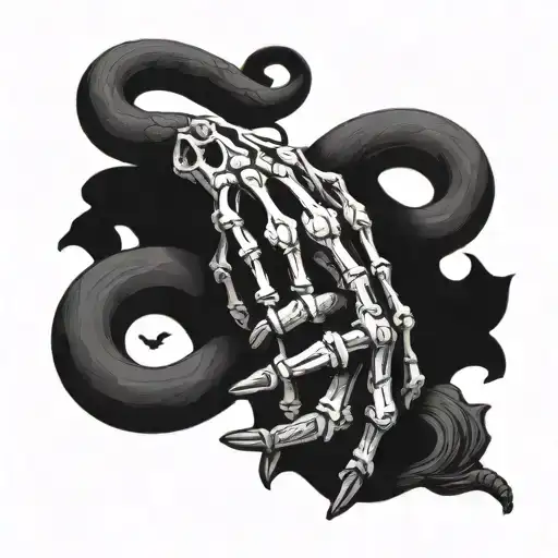 hand skeleton holding snake black and white color black and white tattoo design idea