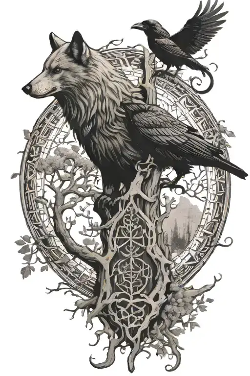 Nordic mythology. Thor and Odin. The ravens of Odin. The wolf Fenrier. The tree of life. Nordic runes for strength tattoo design idea