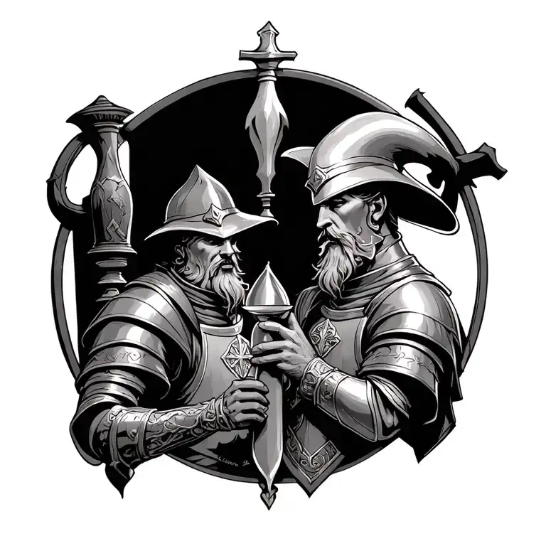 knight and alchemist at a tavern  tattoo design idea