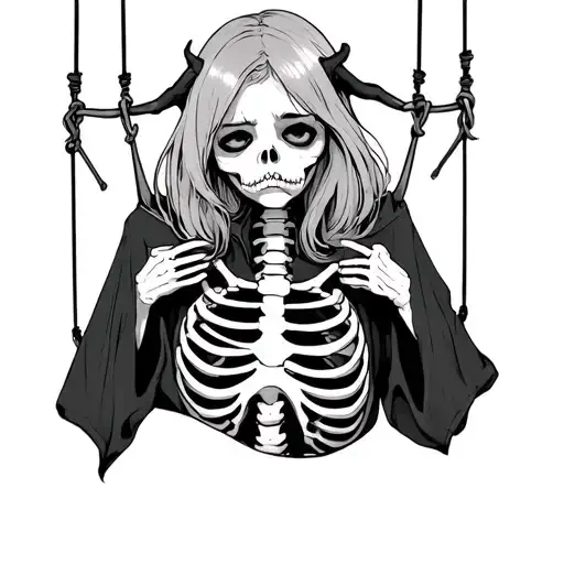 sad devil girl pulling off shirt with skeleton bones showing while hanging from strings like a puppet tattoo design idea