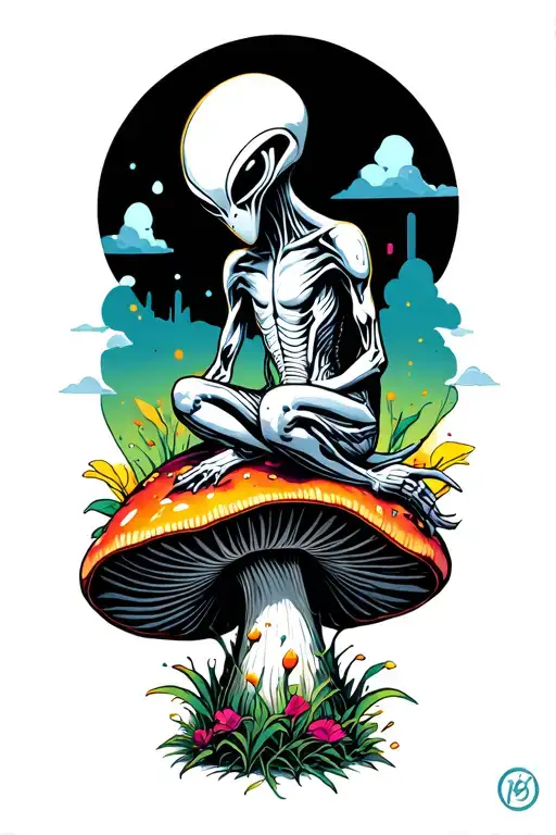 tall and thin Psychedelic alien sitting on a mushroom tattoo design idea