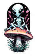 tall and thin Psychedelic alien sitting on a mushroom tattoo design idea