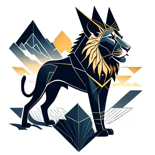 Lion, anubis and mountains tattoo design idea