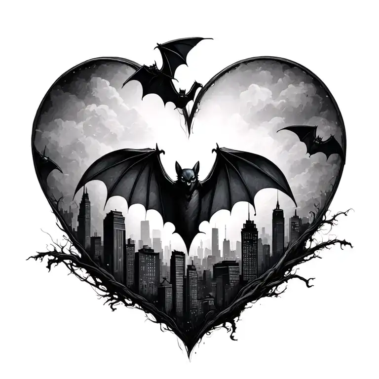 small skyline of bats forming a heart shape outline tattoo design idea