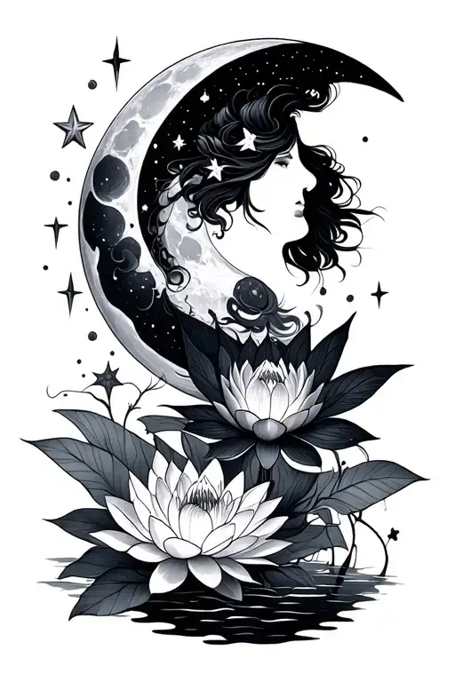 Moon stars fairies lotus tattoo design idea
