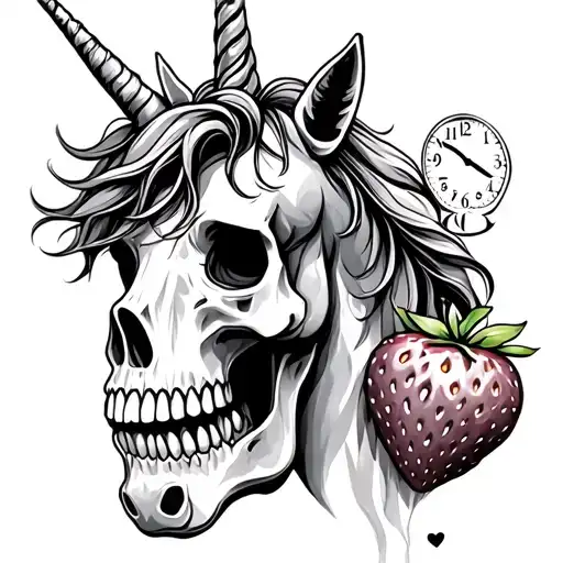 Unicorn, strawberry, time, face, skull, love tattoo design idea