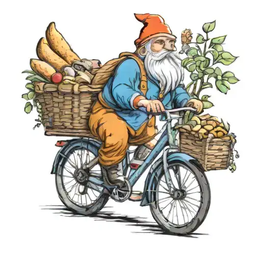 a garden gnome riden a bicycle, bicycle basket with breads tattoo design idea