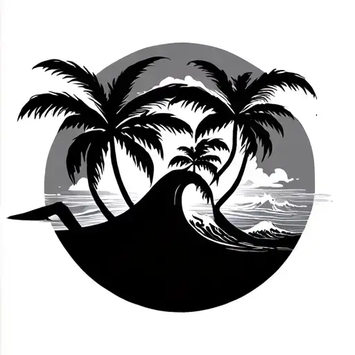 palm trees, waves, Chinese symbols tattoo design idea