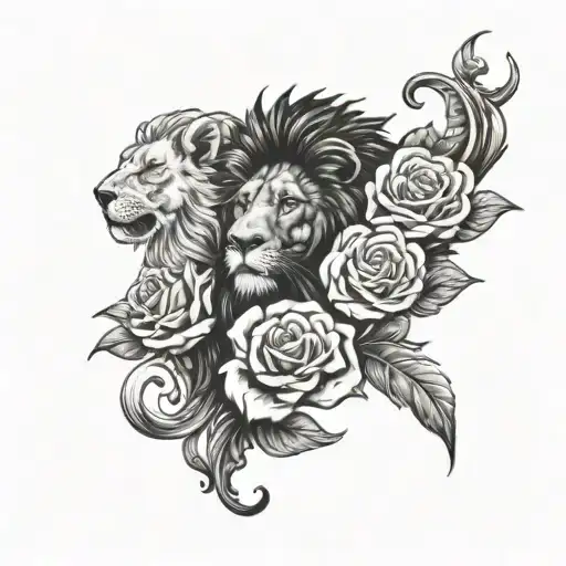 lion face and phenix head with 3 full roses below the image tattoo design idea