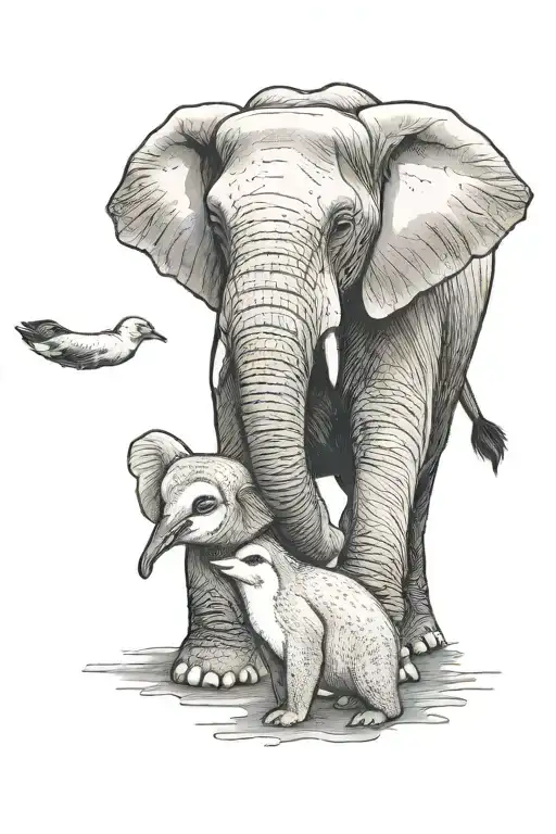 elephant protecting a baby penguin with its trunk tattoo design idea