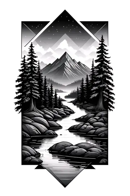 geometric river, trees with mountains in the background light tattoo design idea