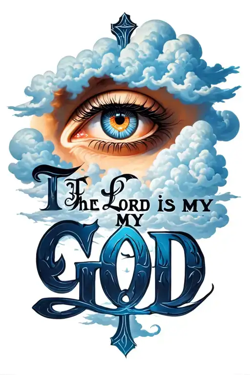 a detailed eye on the bottom and above it write in strong cursive " The Lord is My God " and put clouds behind it crosse tattoo design idea