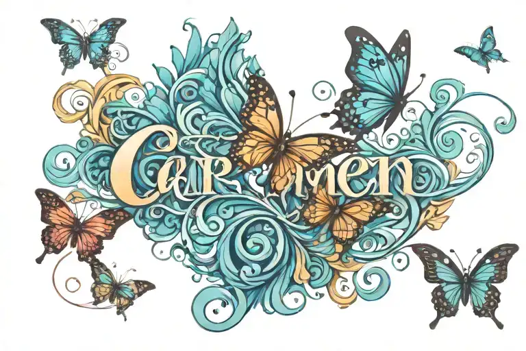Carmen name with butterflies and swirls ocean tattoo design idea