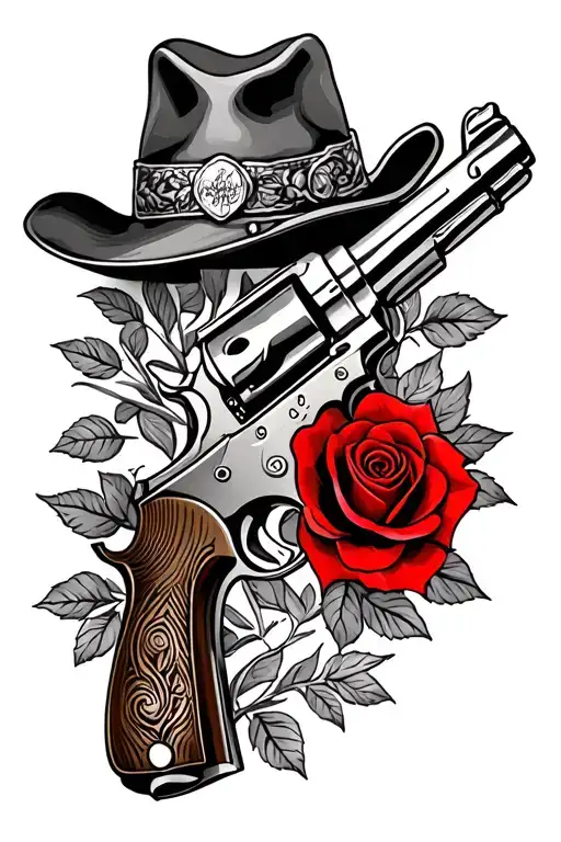 western style, with revolver and red rose tattoo design idea