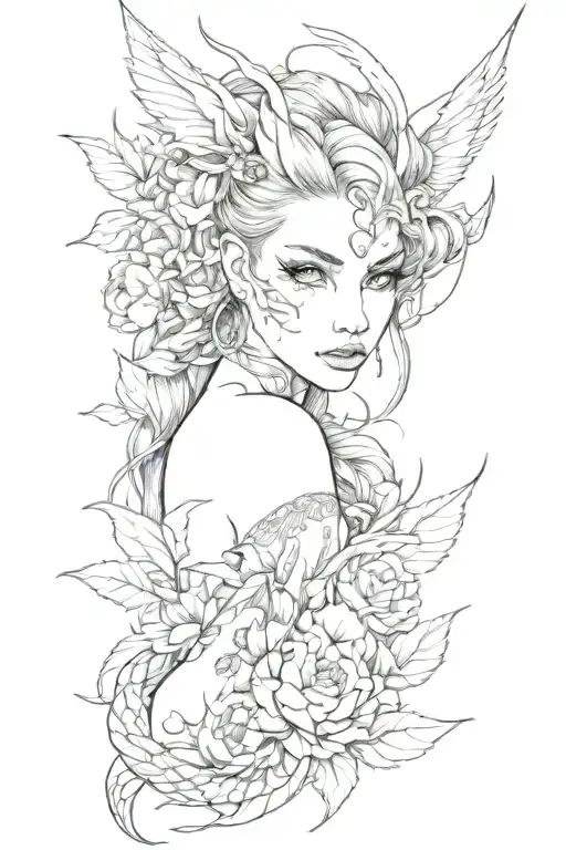 girl with cat eyes, dragon on back, scattered feathers and flower leaves  tattoo design idea