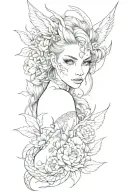girl with cat eyes, dragon on back, scattered feathers and flower leaves  tattoo design idea