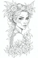 girl with cat eyes, dragon on back, scattered feathers and flower leaves  tattoo design idea