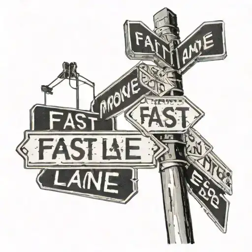 A street sign with the words 'Fast Lane' and 'Money Ave' intersecting tattoo design idea
