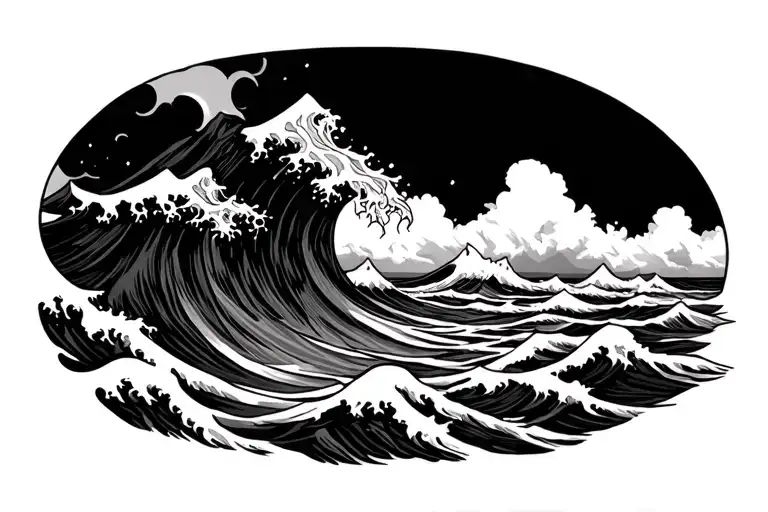 Arm band mountain and ocean wave made tattoo design idea