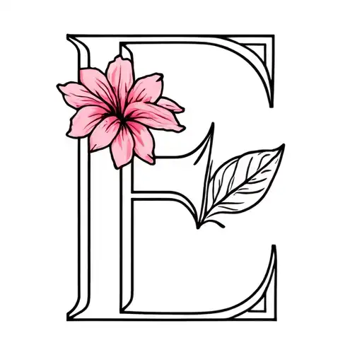 tropical flower with letter E in cursive writing tattoo design idea