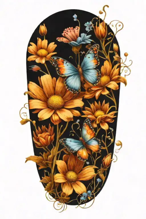daisys, blue cosmos flowers, a single butterfly tattoo design idea
