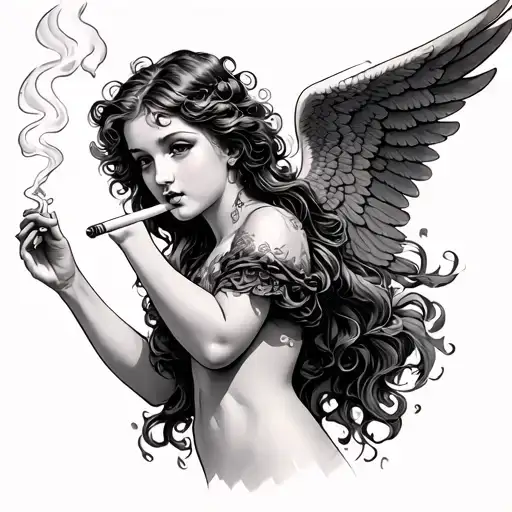 angel smoking cigarette tattoo design idea