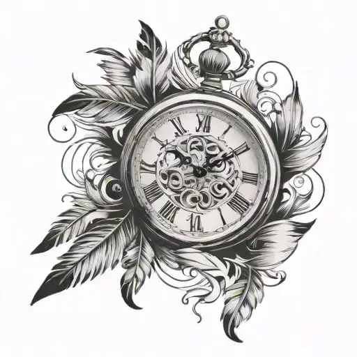 pocket watch and feathers with birds flying tattoo design idea