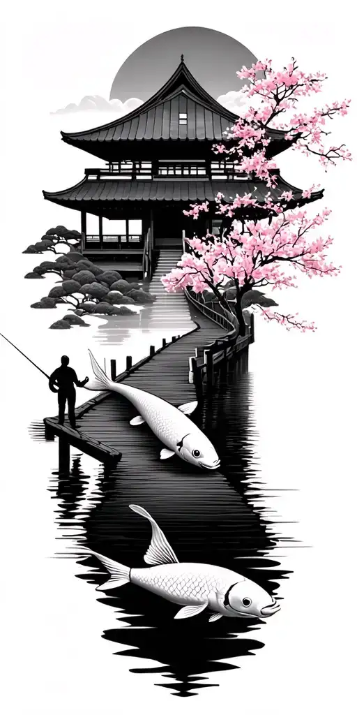 Pong with koi fish, man on a dock fishing, path leading up to a japanese building large. surrounded by cherry blossam  tattoo design idea